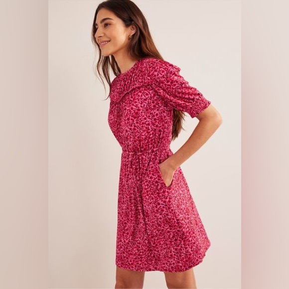 NWT Boden Yoke Ruffle Detail Puff Mocked Sleeve Jersey Mini Pink Dress Size 8 - Picture 4 of 13